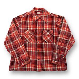Vintage 50s 60s Shirt Mens Wool Plaid Camp Mid Century Town Topic Large 2 Pocket